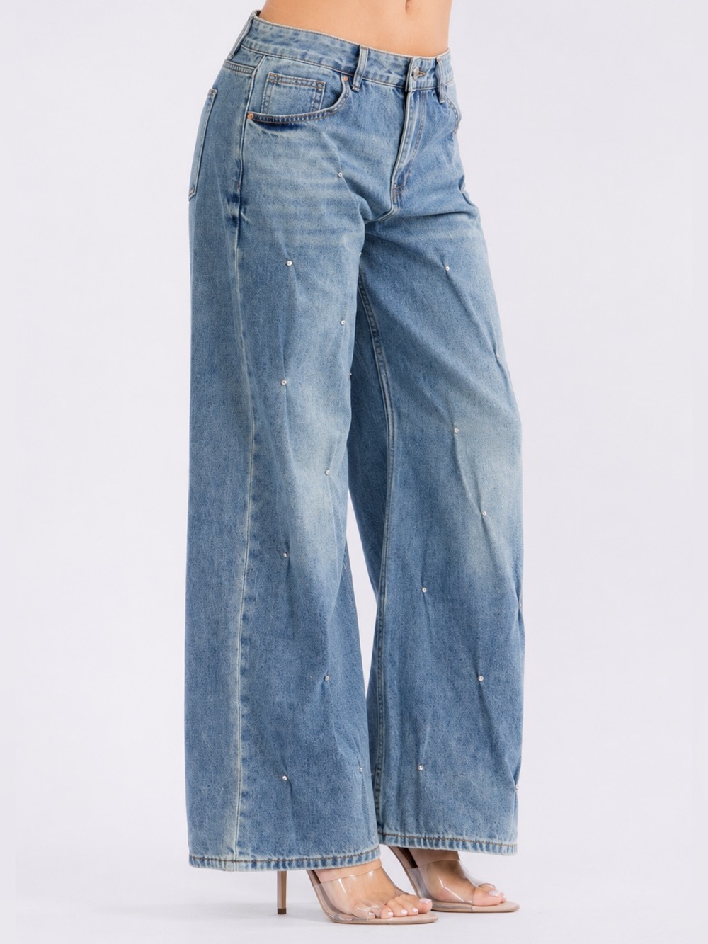 239. High-Rise STUDS DETAILED WIDE LEG WASHED DENIM PANTS - Picture 2 of 3